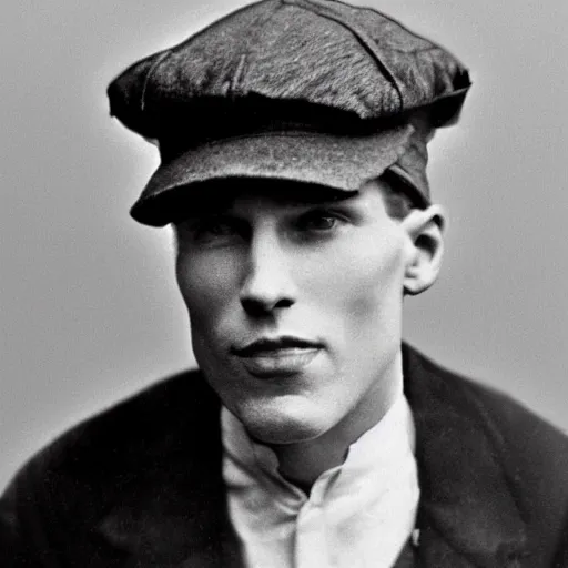 Image similar to A photograph portrait of Jerma985 wearing a newsboy cap in the early 1900s, taken in the early 1900s, grainy, taken on a early 1900s Kodak Camera, realistic, hyperrealistic, very realistic, highly detailed, very detailed, extremely detailed, detailed, digital art, trending on artstation