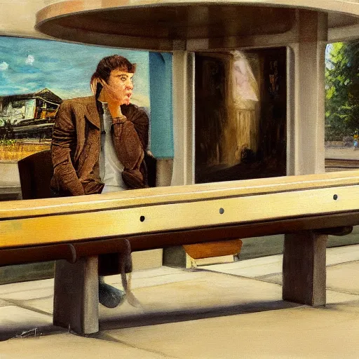 Image similar to a painting of a person sitting on a bench, a photorealistic painting by richard hamilton, behance contest winner, american scene painting, matte drawing, dystopian art, oil on canvas