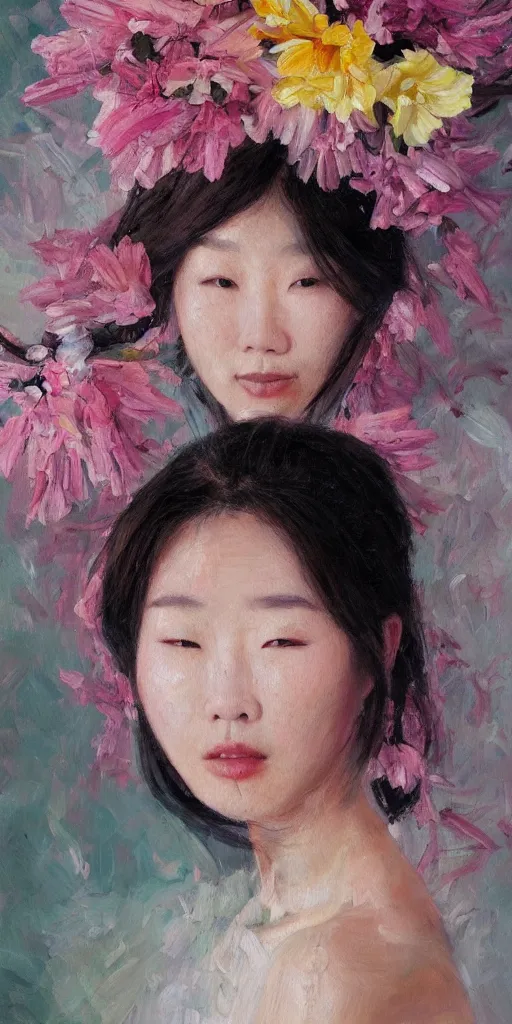 Image similar to beautiful highly detailed and expressive oil painting of a korean woman's face dissolving into petals, masterpiece, dynamic lighting,