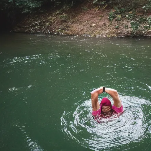 Prompt: person struggling to stay afloat in a river comprised of only beans