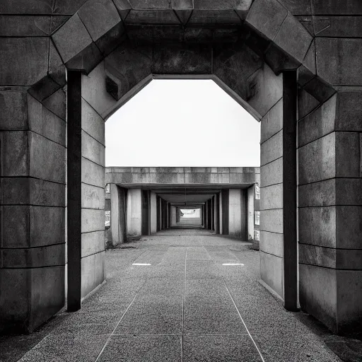 Prompt: a gateway through time, brutalist, 4 k, photograph