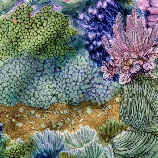 Prompt: delicate coastline mountain garden on paper, stony, puffy, botanical herbarium, botanic watercolors, iridescent, 8 k wide angle, realistic shaded, fine details, artstation, italian, rainbow, colonnade, oak, pinecone, pomegranade, hydrangea, vines, gardena architecture, pompeian, sicilian