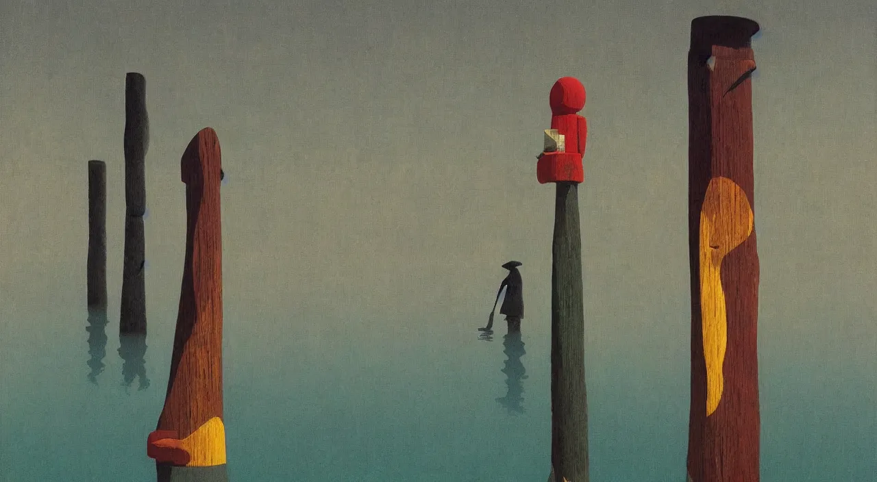 Prompt: single flooded simple wooden totem, very coherent and colorful high contrast!! masterpiece by rene magritte simon stalenhag carl spitzweg syd mead norman rockwell edward hopper james gilleard, minimalist, dark shadows, sunny day, hard lighting