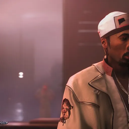 Prompt: a videogame still of Tupac Shakur in Tekken 7, 40mm lens, shallow depth of field, split lighting