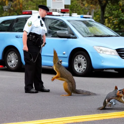 Image similar to a dog-cop ticketing a squirrel with a fine for speeding