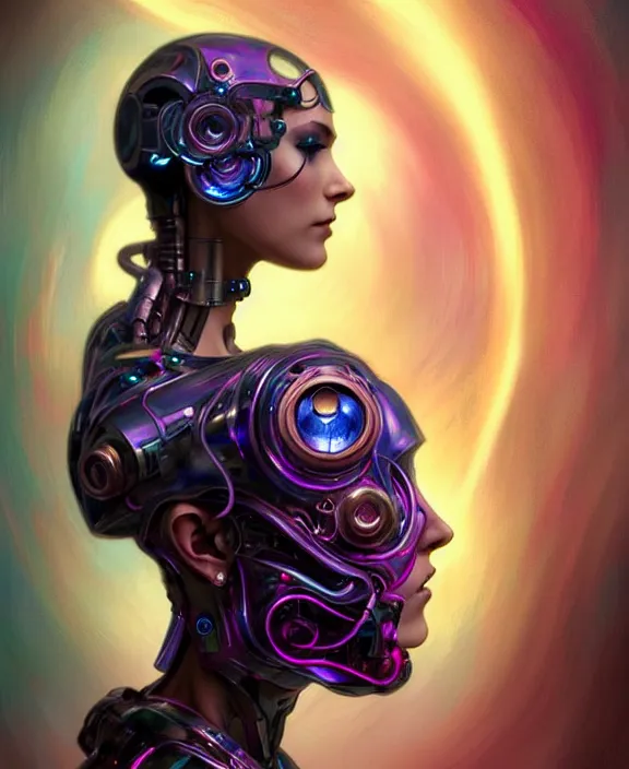 Image similar to a whirlwind of souls rushing inside the metaverse, half body, jewelry, fashionable short haircut, android, cyborg, cyberpunk face, by loish, d & d, fantasy, intricate, elegant, highly detailed, colorful, vivid color, digital painting, artstation, concept art, art by artgerm and greg rutkowski and alphonse mucha