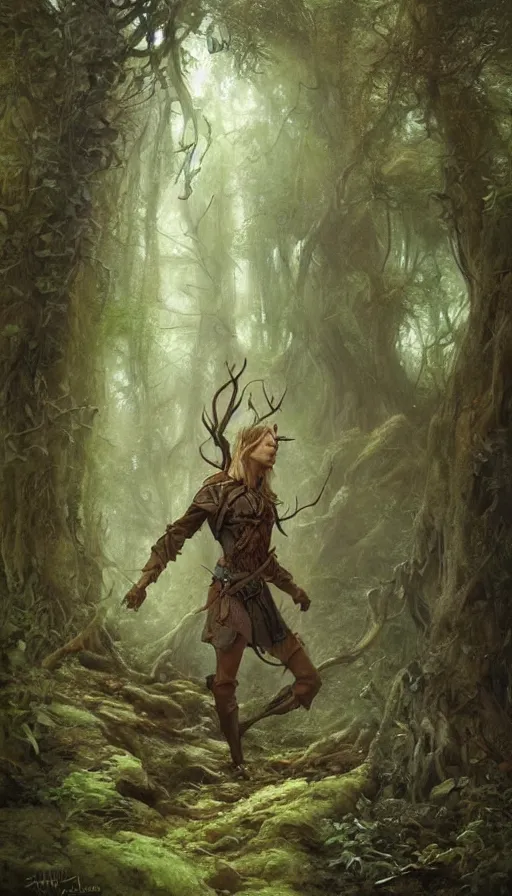 Prompt: Realistic painting of a high fantasy wood elf wizard in a magical forest clearing by Jean Baptiste Monge, Brian Froud, John Howe, Artgerm, Craig Mullins, trending on artstation volumetric lighting, dramatic lighting