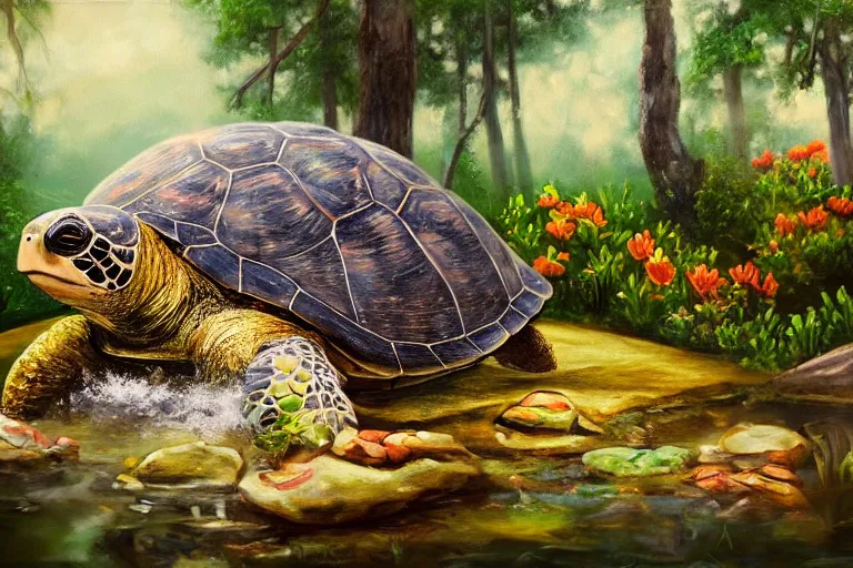 Image similar to highly detailed oil painting of a turtle man sitting in a steaming colorful hotspring with woodland forest backdrop, featured on artstation