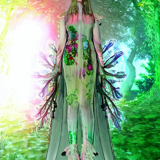 Image similar to cute female forest spirit wearing floral cybernetic hungarian valentino resort sheer dress, overgrown esoteric cyber cathedral sanctuary, fashion gameplay screenshot, painted by raphael in 1 5 1 1