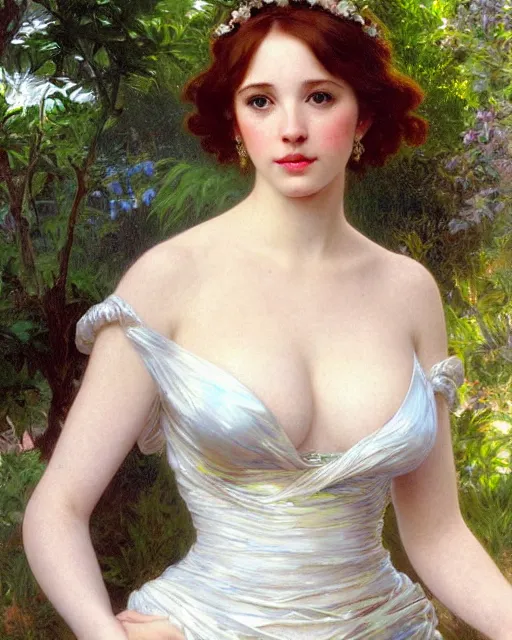 Prompt: realistic oil painting of young 1 8 - year old christina hendricks wearing an iridescent wedding dress covered in pearls, highly detailed, intricate,, elegant, digital painting, smooth, sharp focus, illustration, ultra realistic, 8 k, by bouguereau, alphonse mucha, artgerm, and donato giancola