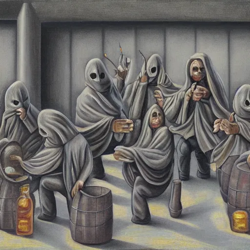 Image similar to several hooded disciples in purge masks, gathered in a brutalist courtyard, performing incantations over a fire in a barrel, by PJ Crook, oil on canvas