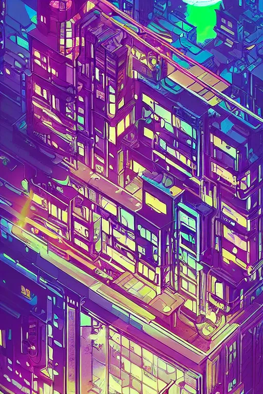 Image similar to cyberpunk buildings with a flight vehicle glowing in the sky, neon sign, bottom view ， bladerunner, by tomer hanuka