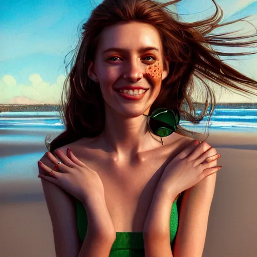 Image similar to portrait of a cute thin young woman, bronze brown hair, eye color is emerald green, red blush, cute freckles, smug smile, modern clothes, relaxing on the beach, golden hour, close up shot, 8 k, art by irakli nadar, hyperrealism, hyperdetailed, ultra realistic