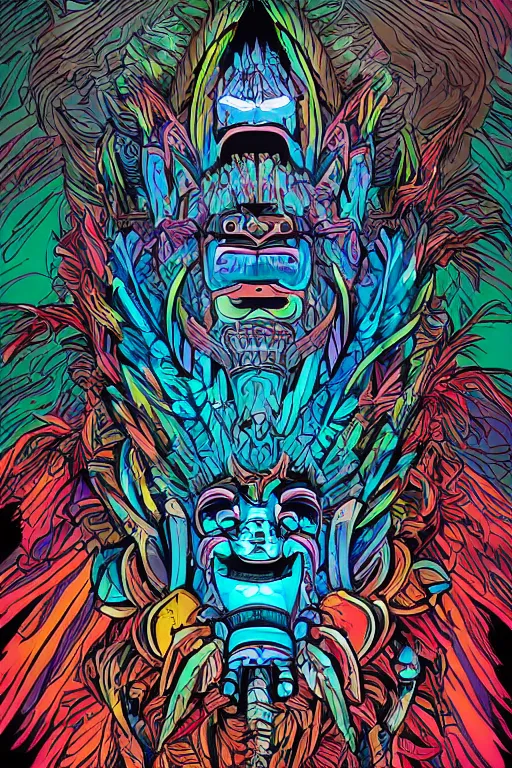 Image similar to totem animal mask tribal feather gemstone plant wood rock shaman vodoo video game vector illustration vivid multicolor borderlands comics by josan gonzales and dan mumford radiating a glowing aura