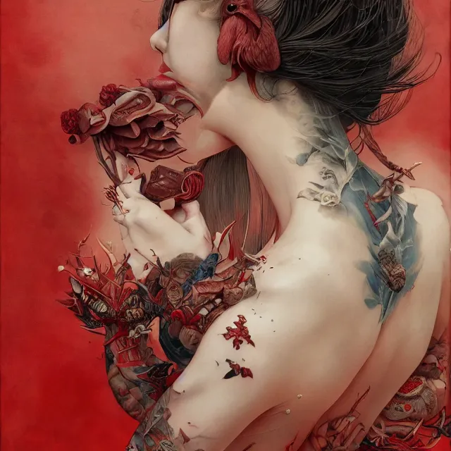 Image similar to ultra realistic illustration, beautifulwoman dressed in red kimono, backview, tattoos, in the style of peter mohrbacher by weta digital and beth cavener, high face symmetry, intricate, masterpiece, award winning, high face symmetry, intricate