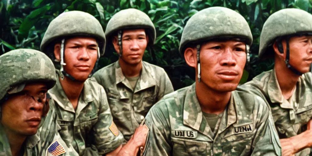 Image similar to u. s. soldiers in 1 9 6 9 in vietnam war, soldiers portrait closeup, face closeup, us flag, jungles in the background, coloured film photography, ken burns photography, lynn novick photography