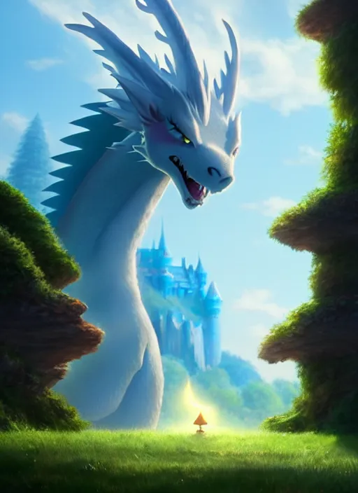 Image similar to a wholesome animation key shot of a white dragon, castle in the background, studio ghibli, pixar and disney animation, sharp, rendered in unreal engine 5, anime key art by greg rutkowski, bloom, dramatic lighting