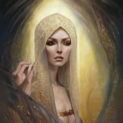 Image similar to a beautiful woman wearing a white niqab made of silk with golden jewelry and diamonds by alex gray and android jones, karol bak, ayami kojima, arabian, concept art, fantasy