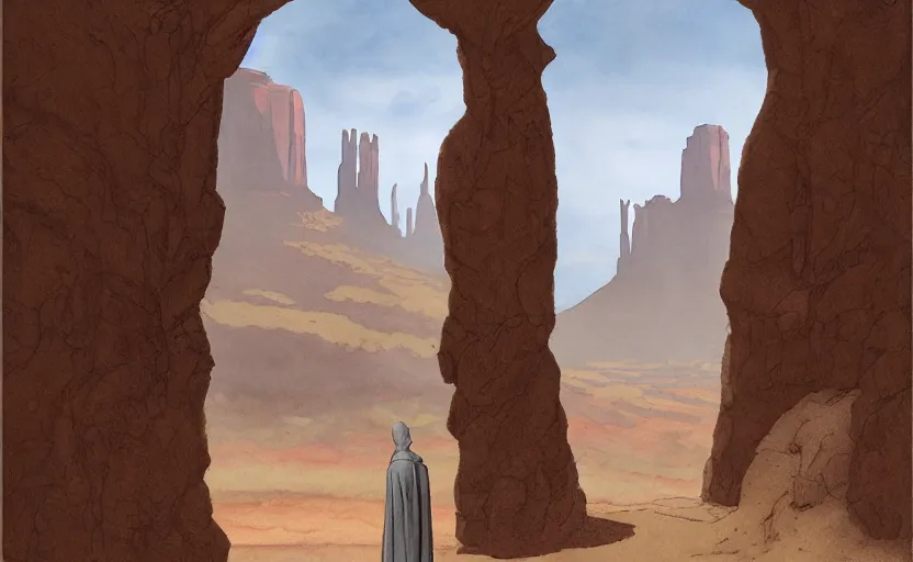 Prompt: a hyperrealist watercolor concept art of a medieval monk in grey robes in monument valley looking through a rock arch through a portal to a castle in an alien world. very muted colors, by rebecca guay, michael kaluta, charles vess. high detail, hq, wide shot, 4 k