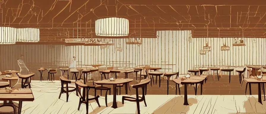 Image similar to a beautiful interior view illustration of a small roasted string hotpot restaurant in yan'an city, restaurant wall paper is a tower on a mountain, rectangle white porcelain table, black chair, animation illustrative style, from china, simple style structure decoration design, victo ngai, james jean, 4 k hd