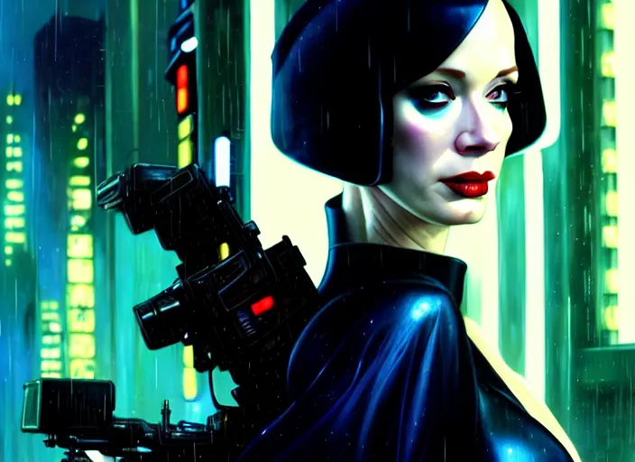 Prompt: film still of christina hendricks in bladerunner wearing a cyberpunk costume, frontal view, intricate, elegant, highly detailed, centered, digital painting, artstation, concept art, smooth, sharp focus, illustration, artgerm, tomasz alen kopera, peter mohrbacher, donato giancola, joseph christian leyendecker, wlop, boris vallejo