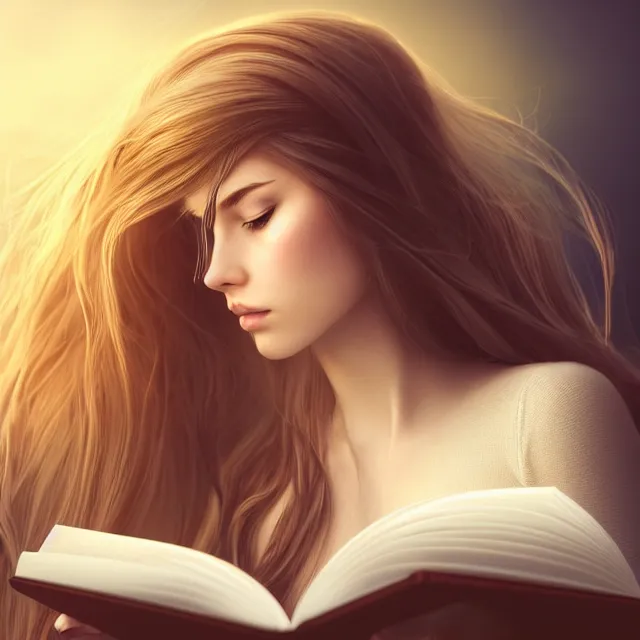 Image similar to beautiful girl reading a book, her hair flowing down, highly detailed, 4 k, hdr, smooth, sharp focus, high resolution, award - winning photo, artgerm, photorealistic