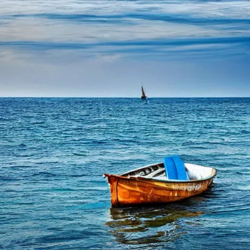 Prompt: a boat on the seas, the sea is made of metal and rock but still works like water, tell a story, surprise me