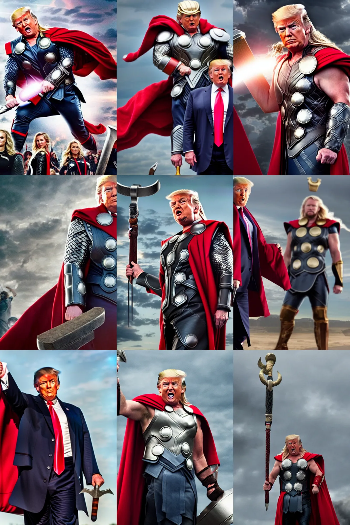 Prompt: donald trump as thor, wielding hammer, ready for battle, movie still