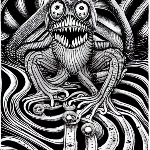 Image similar to eldritch frog abomination of unimaginable horror by h. r. giger and junji ito, speculative evolution, op art with big bold patterns