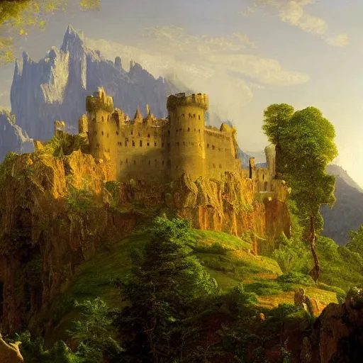 Image similar to A large, sprawling stone castle carved out of the side of a mountain, overlooking a distant magical tree in the meadow, by Thomas Cole and Albert Bierstadt