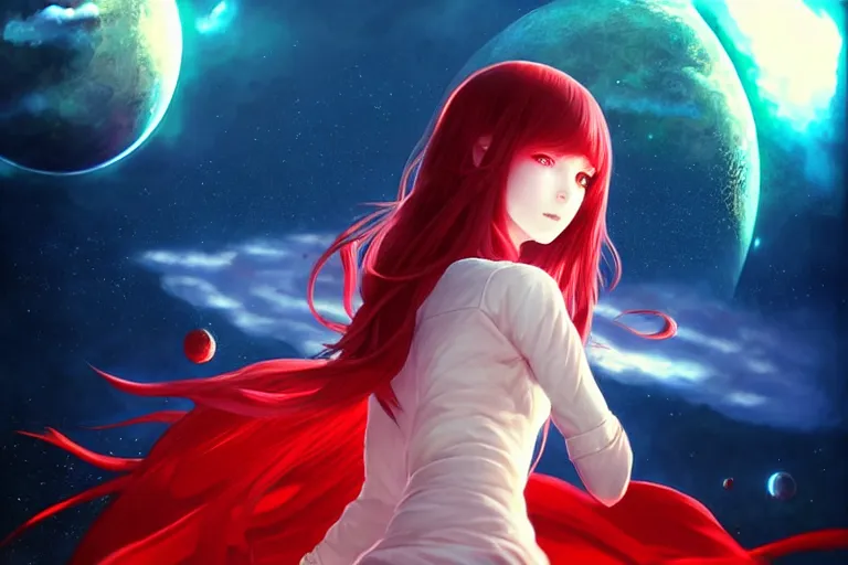 Image similar to red dressed summoner girl fighting against outer gods with their creatures. floating planets on the background, box office hit, fantasy and cosmic horror movie, unreal engine, intricate, highly detailed 8 k, ambient occlusion, extremely beautiful and aesthetic shape of face and body, art by hiroaki samura and ilya kuvshinov and rossdraws