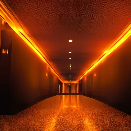 Image similar to dark black flames engulf a hotel hallway, dramatic lighting, long shot, highly realistic.