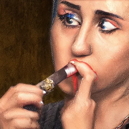 Prompt: Miley Cryus smoking a cigarette, 8k, realistic, extreme details, detailed, sharp, smoke