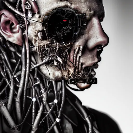 Prompt: a dark cyberpunk dream of wires broken skulls skin cybernetic machines and decay, moody, hyperrealism, 8 k photo, atmospheric