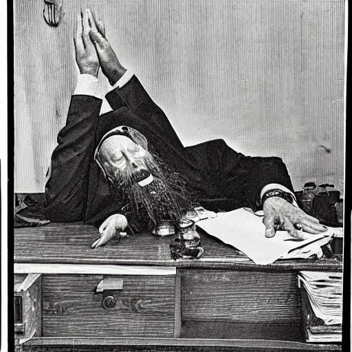 Prompt: a photograph photo of a rabbi lying on his desk, dead and twisted by a curse, leaking ooze from his ears and eyes and skin into a puddle, covered in ectoplasm