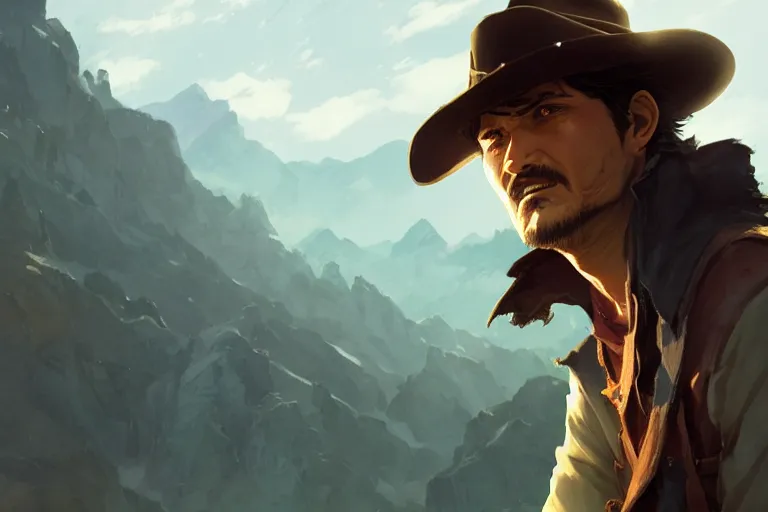 Image similar to old pedro pascal as a cowboy, single subject, mountaineous background, scenic full shot, ambient lighting, detailed face, by makoto shinkai, stanley artgerm lau, wlop, rossdraws