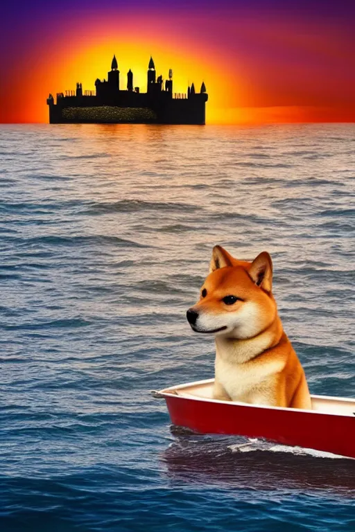 Prompt: a shiba inu in a boat sailing in the sea alone, with a castle in the background, sunset, epic, dramatic, realistic, 4k