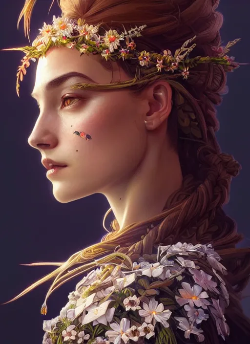 Image similar to symmetry!! portrait of floral! horizon zero dawn machine, intricate, elegant, highly detailed, digital painting, artstation, concept art, smooth, sharp focus, illustration, art by artgerm and greg rutkowski and alphonse mucha, 8 k