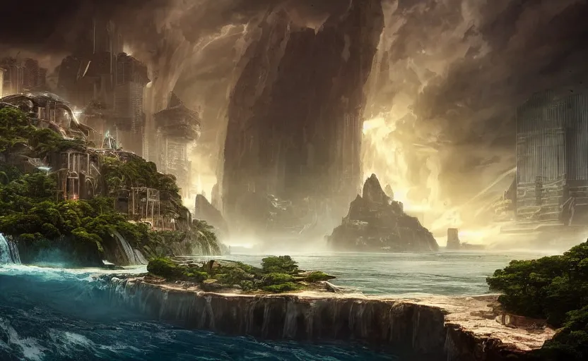 Image similar to a beautiful photo of a metropolis built on a island floating above the sea in the sky, waterfalls fall from the island into the sea, realistic, video game concept art, scifi, highly detailed, photography, ue 5, imax quality, cinematic, epic lighting, in the style of doom and quake and greg rutkowski