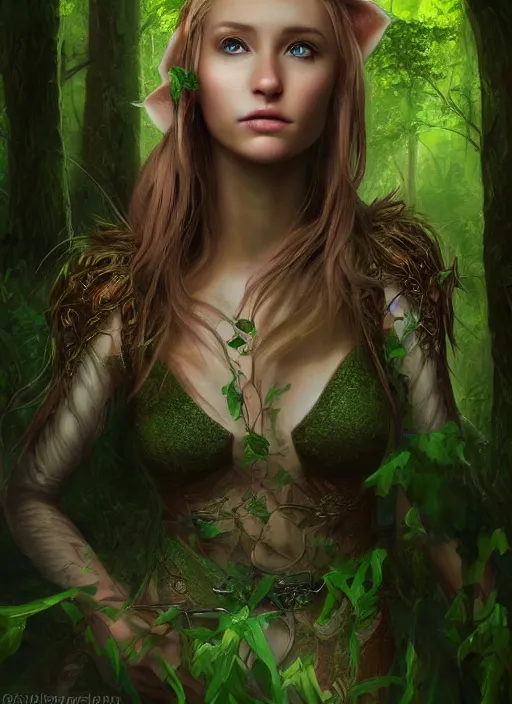 Prompt: A hyperrealistic fantasy portrait painting of a gorgeous young female elf in a lush dark atmospheric lightning forest, DAZ, hyperrealistic, ambient light, dynamic light