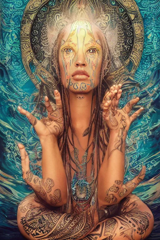 Image similar to a centered render of a alluring festival hippie with tribal tattoos surrounded by a underwater ink pour and flowing liquid gallium and sacred geometry, perfect body, face, hands, powerful, cinematic, beautifully lit, by artgerm, by karol bak, by donato giancola, by boris vallejo, 3 d, trending on artstation, octane render, 8 k