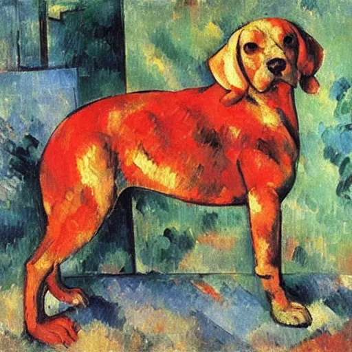 Image similar to dog with red fishes, by cezanne, oil on canvas