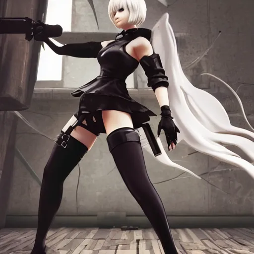 Image similar to 2B nier automata holding a apple, detailed, artstation, concept art, Unreal Engine 5 render, gameplay showcase, 8K