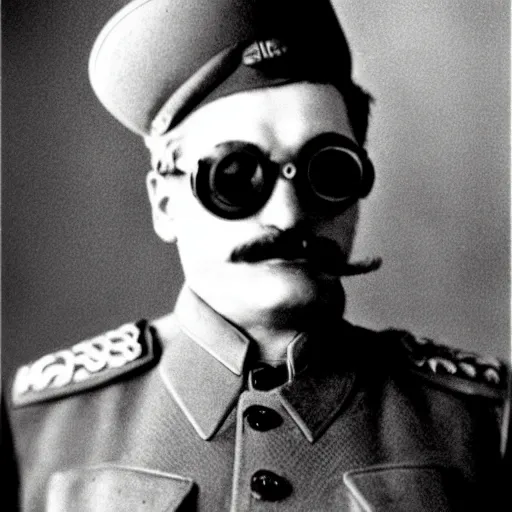 Prompt: josef stalin wearing big steampunk googles, photo by gustave baumann