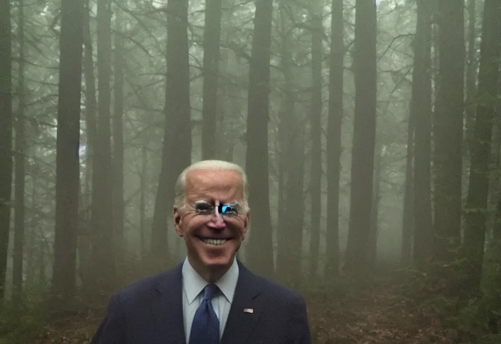 Image similar to low quality iphone photo of joe biden standing ominously deep in the foggy woods with a demonic smile in his face and his hands behind his back, low visibility creepy, grainy, trail cam footage