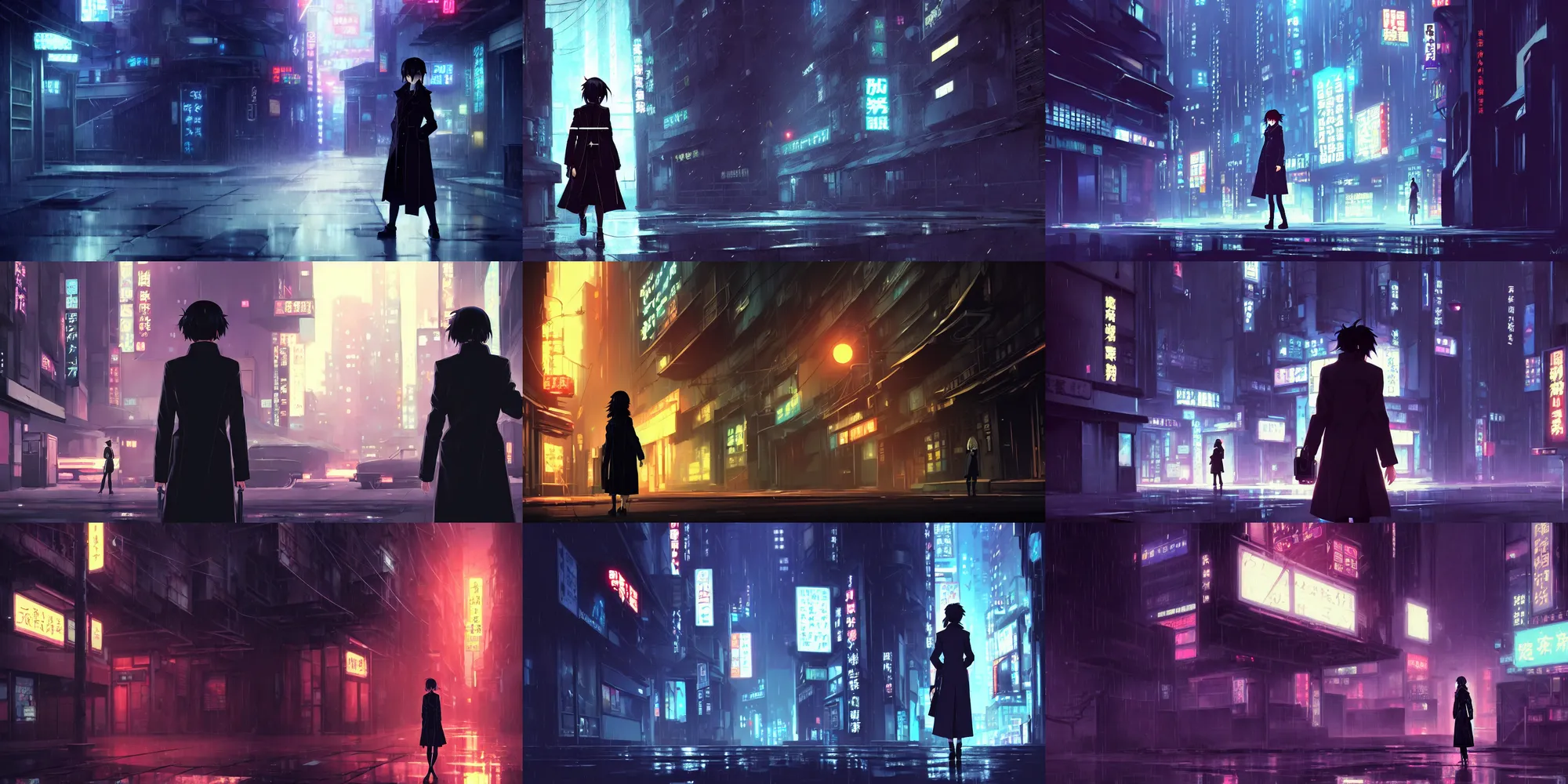 Prompt: a high definition screenshot from the detective noir noir cyberpunk anime anime film ; a cinematic shot of a lone lone lone lone lonely alone female detective in a trenchcoat investigating a dark dark alleyway, digital painting by ( ( makoto shinkai ) ), martin ansin, trending on artstation