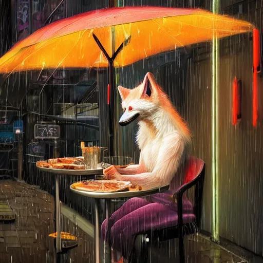 Image similar to white furred anthropomorphic female vulpes vulpes fulva, eating noodles, in the rain by a noodle kiosk, in crowded and wet street of a city, cyberpunk, harsh neon lights, highly detailed, digital painting, trending on artstation, concept art, sharp focus, illustration, art by artgerm and greg rutkowski and magali villeneuve