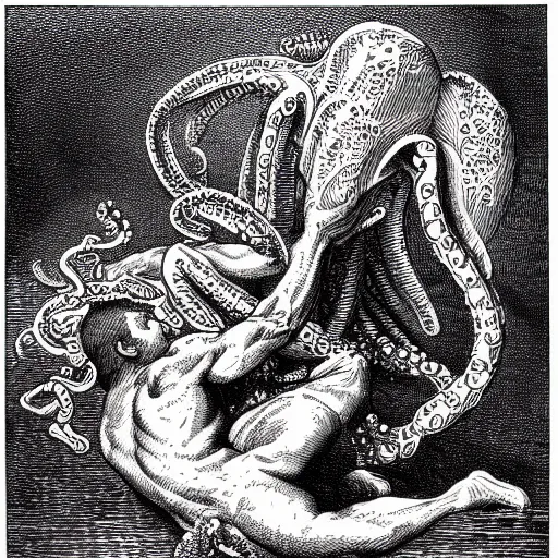 Prompt: a vibrant low key crosshatched pen illustration of a powerful man wrestling an octopus by gustave dore, colorful halftone effect