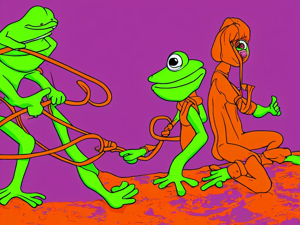 Prompt: illustration of a pepe the frogs with a whip, stunning scene, perfect face, bright colors, 4 k resolution, trending on artstation