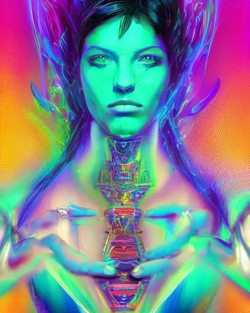 Image similar to a powerful energy psychedelic matrix latin woman, by alexander fedosav, hyper detailed digital matte painting, concept art, hyperrealism, 1 6 k resolution, cinema 4 d, 8 k resolution, trending on artstation, behance hd, a masterpiece, by stephan martiniere, particles, cel - shaded, power bright neon energy, by david a. hardy